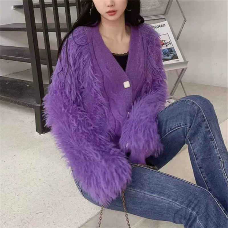 Cárdigan de punto con cuello en V de diseño con estilo occidental nuevo para otoño/invierno, imitación piel de visón, abrigo holgado y adelgazante para mujer, para usar como suéter exterior