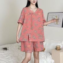 时尚新款国风新中式纯棉色织纱布家居服女士斜襟提花高级洋气套装