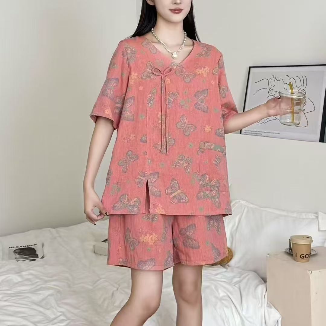 时尚新款国风新中式纯棉色织纱布家居服女士斜襟提花高级洋气套装