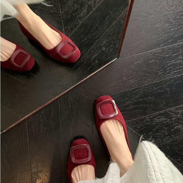 葡萄妈同款现货~ 气质圆头方扣浅口绒面通勤百搭舒适单鞋女春秋|undefined