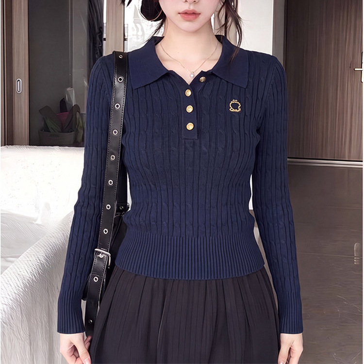 Navy blue regular-shoulder polo collar knit top for women, autumn and winter, slim fit, turn-down collar, college style, base layer sweater Navy blue regular-shoulder polo collar knit top for women, autumn and winter, slim fit, turn-down collar, college style, base layer sweater