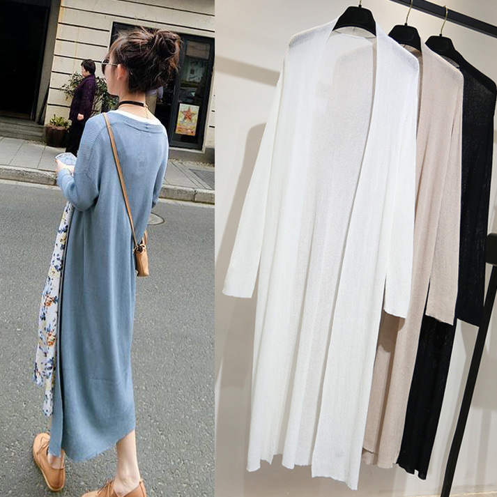 Knitted Cardigan Summer Outerwear Blouse Loose Over-the-knee Ice Silk Air-conditioning Shirt Loose Thin Shawl Sunscreen Women's Coat