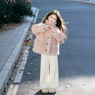女童加绒外套2026新款女孩秋冬粉色皮毛一体羊羔毛夹克保暖棉服冬