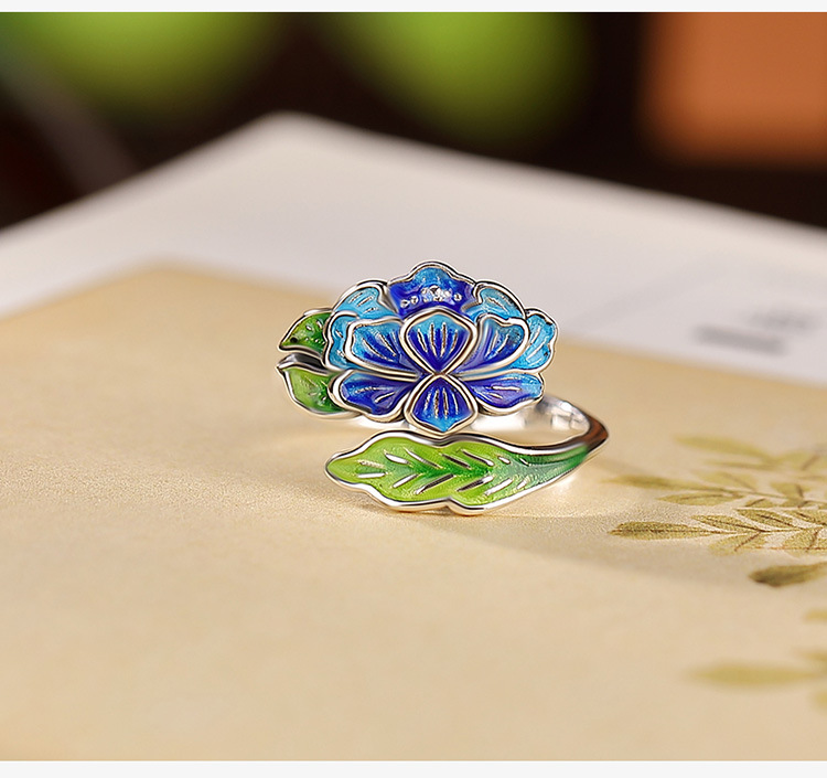 Vòng tay bạc S999 phong cách dân tộc họa tiết hoa sen cloisonne có thể điều chỉnh — Mở một size chi tiết 4