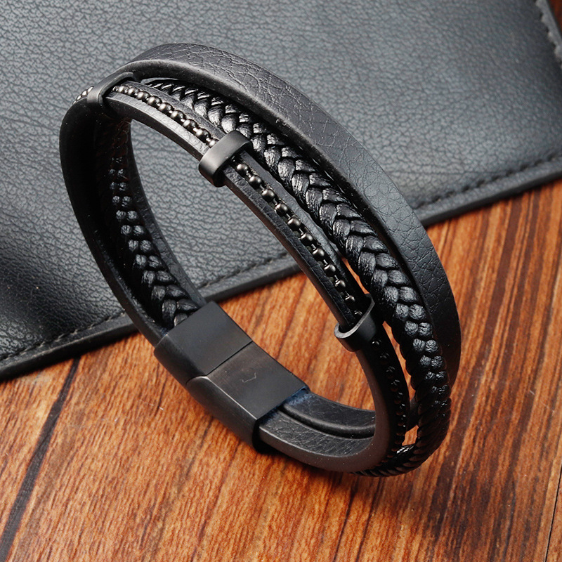 Solid Color Pattern Simple Style 316L Stainless Steel Leather Solid Color Black Men Cord & Leather Bracelets