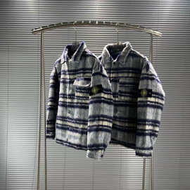 跨境stone 石头毛呢格子外套臂章罗盘男秋冬季潮牌纽扣开衫长袖潮