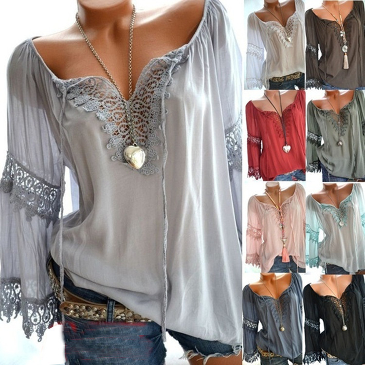 2025 Summer AliExpress Amazon Cross-border Hot Shoulder Cotton and Linen Lace Lace Long-sleeved Shirt