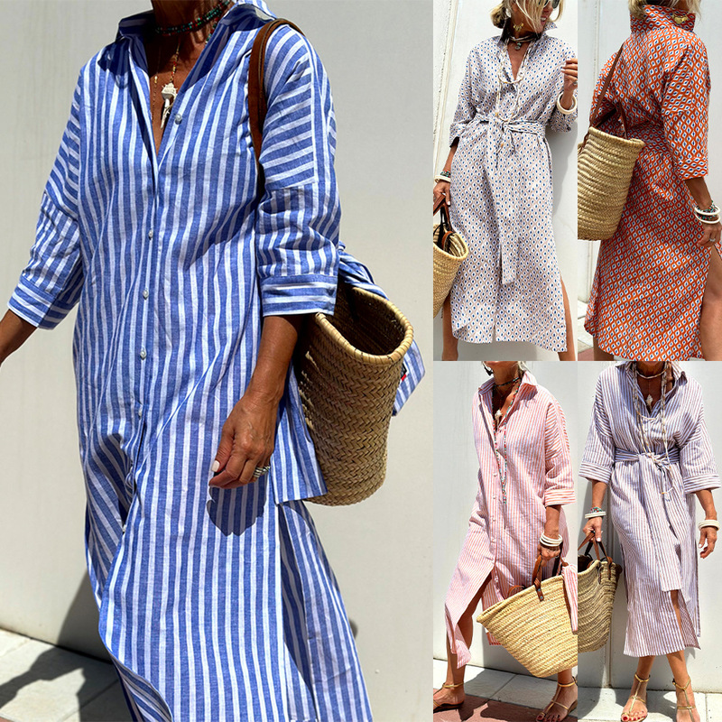 Women's new five sleeve striped cardigan lapel shirt dress 8061 Women's new five sleeve striped cardigan lapel shirt dress 8061