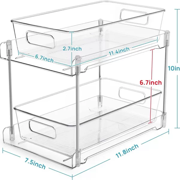 Pet Transparent Two-Layer Pull-Out Spice Rack, Easy to Clean, Light Luxury Cosmetics Organizer, Japanese-Style Storage Rack with Stainless Steel Rod