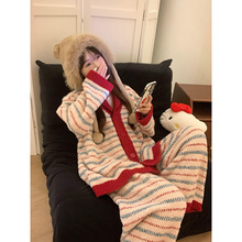 ins大码韩版甜美少女条纹撞色拼接加绒加厚睡衣女秋冬家居服套装
