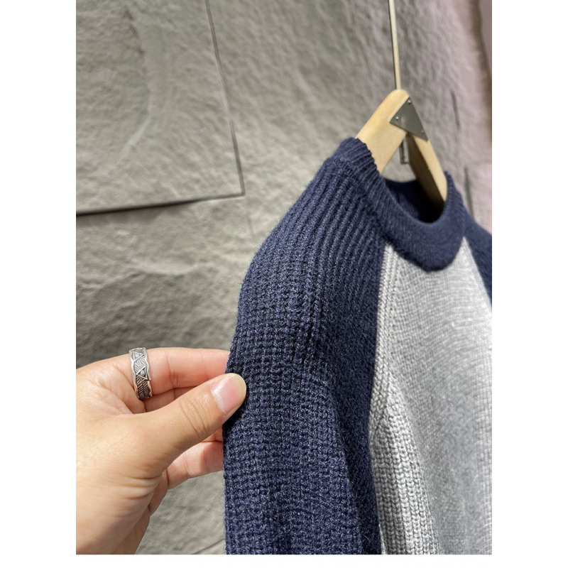 대조적 인 RAGLAN 소매 라운드 넥 스웨터 남성용 트렌디 브랜드 가을과 겨울 느슨한 캐주얼베이스 탑 스웨터