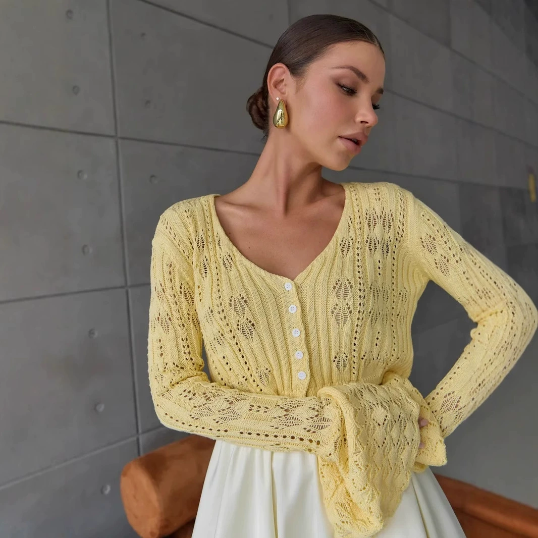 Buttoned knitted cardigan women, cropped knit, bell sleeves — sizes S–L