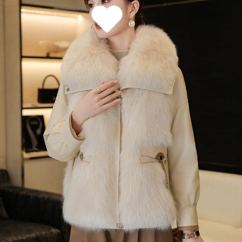 New Haining Leather Jacket down Jacket Women's Short Goatskin Fox Fur Collar Fur All-In-One Warm Jacket Winter European and American