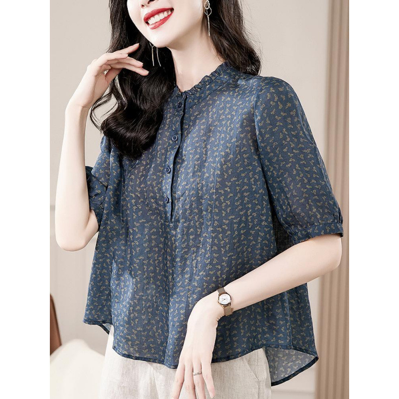 [2227 people's collection] half sleeve jacket retro shirt women's 2025 summer women's middle-aged mother plus size wood