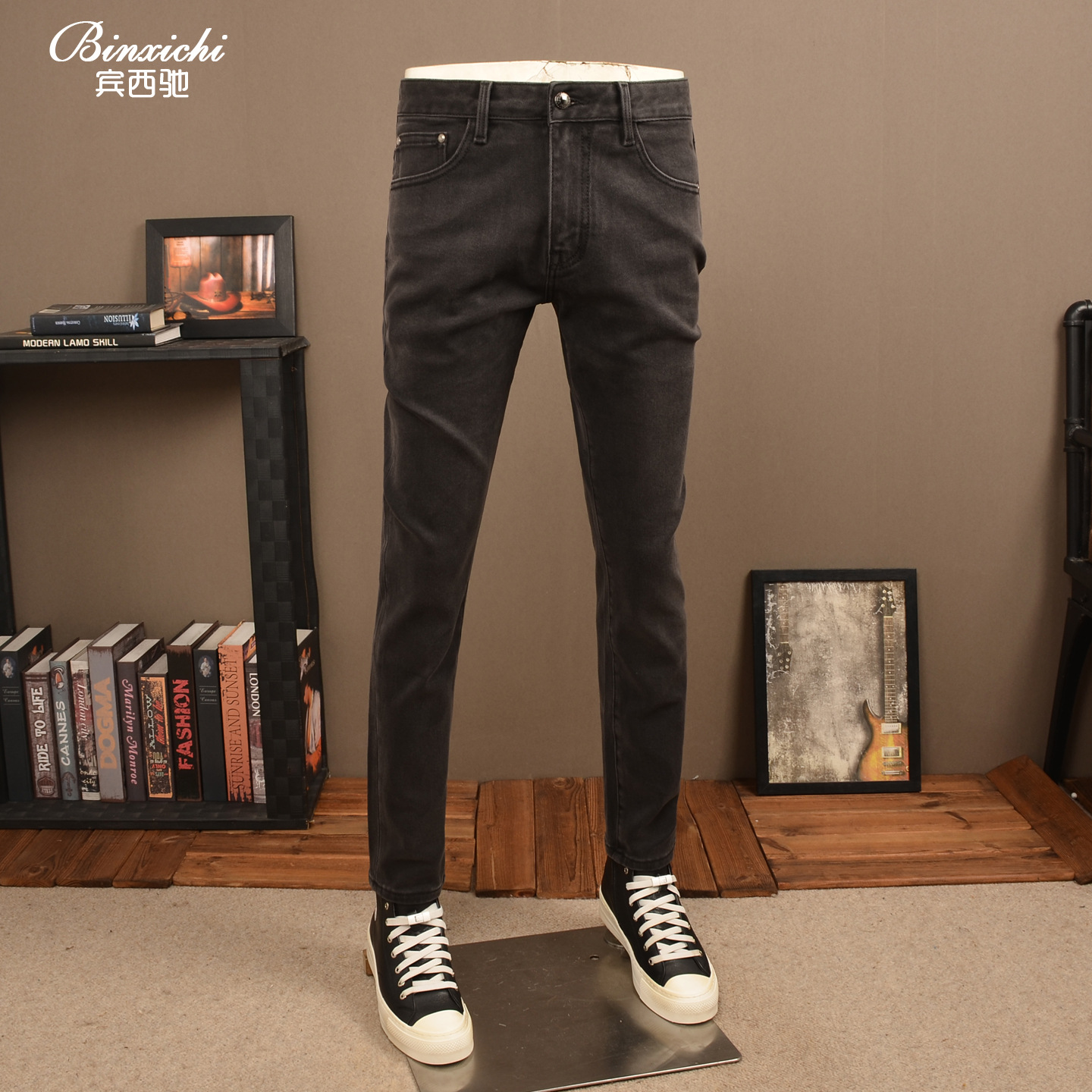 2025新款秋季复古深灰色弹力牛仔裤男修身小直筒水洗休闲深色男裤