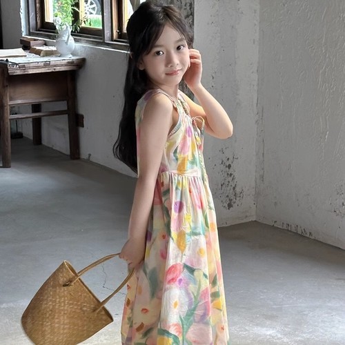 Bodysuit Dress 2025 Summer Middle-Size Girls' Oil Painting Style Large Flower Long Dress Summer Vacation Style Long Skirt