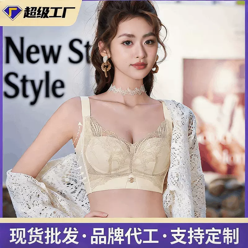 新品蕾丝花卉内衣无钢圈小胸聚拢侧收副乳零感罩无胶骨中厚杯文胸