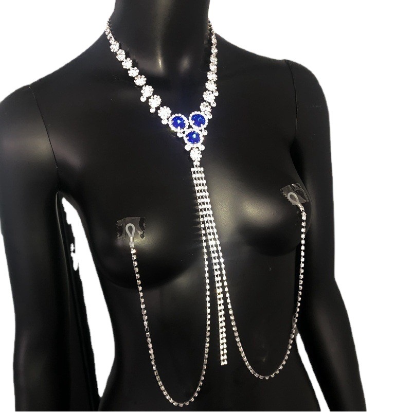 Amazon Venta caliente completo diamante zafiro pecho anillo europeo y americano nightclub atención moda rhinestone cuerpo cadena pecho