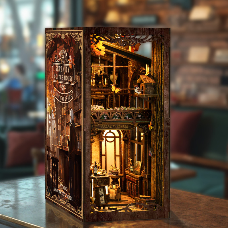 Foreign Trade Cross-Border Wooden Assembly Bookend, Tranquil Coffee House DIY Miniature House, 3D Miniature Scene Handmade Assembly Model