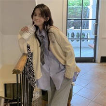 两件套毛衣开衫外套女秋季学院风领针织衫+韩版长袖衬衫单件套装