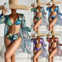 Mingyi 2024, новый европейский и американский модный сексуальный купальник BIkini из трех частей с многоцветным принтом