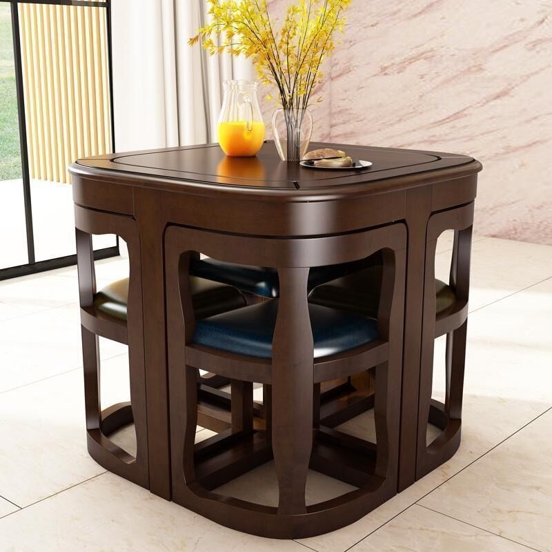 Chinese-style solid wood simple high-end dining table and chair set, solid wood dining table and chairs for small apartments, space-saving hidden dining table Chinese-style solid wood simple high-end dining table and chair set, solid wood dining table and chairs for small apartments, space-saving hidden dining table