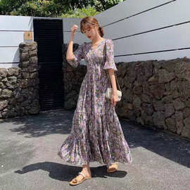 2026夏季新款高个子气质优雅雪纺印花过膝长裙超仙森系碎花连衣裙