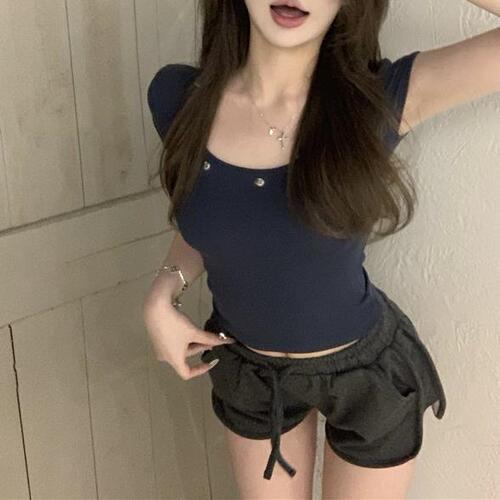 Blue Button-Decorated U-Neck Short-Sleeve T-Shirt for Women - Summer Design Sensibility Basic Style - Hot Girl Tight Short Top