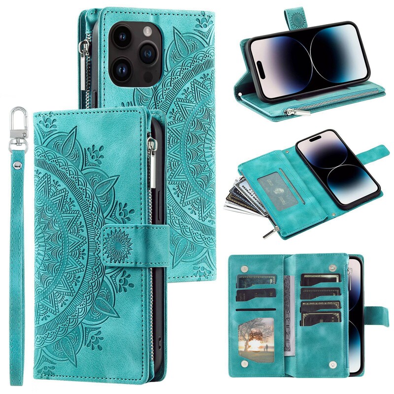 For iPhone16PRO Multi Card Zipper Bag Mobile Phone Leather Case Apple 14 Mandala Embossed Card Case For iPhone16PRO Multi Card Zipper Bag Mobile Phone Leather Case Apple 14 Mandala Embossed Card Case
