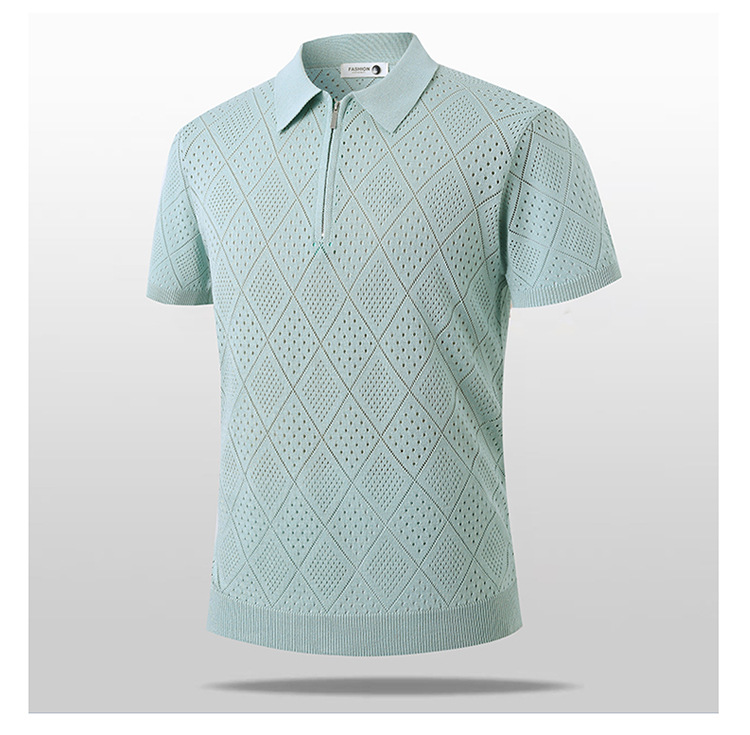 Men's Business Casual Short Sleeve Polo Shirt Summer Old Fashioned Hollow Knitwear Thin T-Shirt for Men_viptrois.com