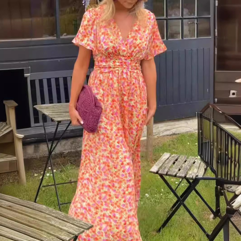 A large number of in stock in Europe and the United States cross-border shein2025 new Amazon women's temperament printed waist V-neck dress