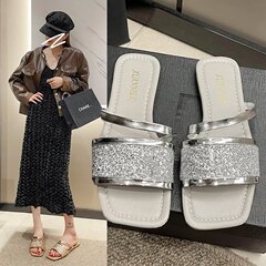 亮鑽休閒夏季女拖鞋平底時尚女方頭一字涼拖鞋大碼42外貿拖鞋女