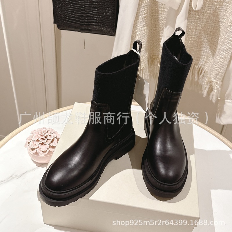 高版2025新款麂皮圆头复古粗跟厚底显瘦针织弹力套筒短靴马丁靴女|undefined