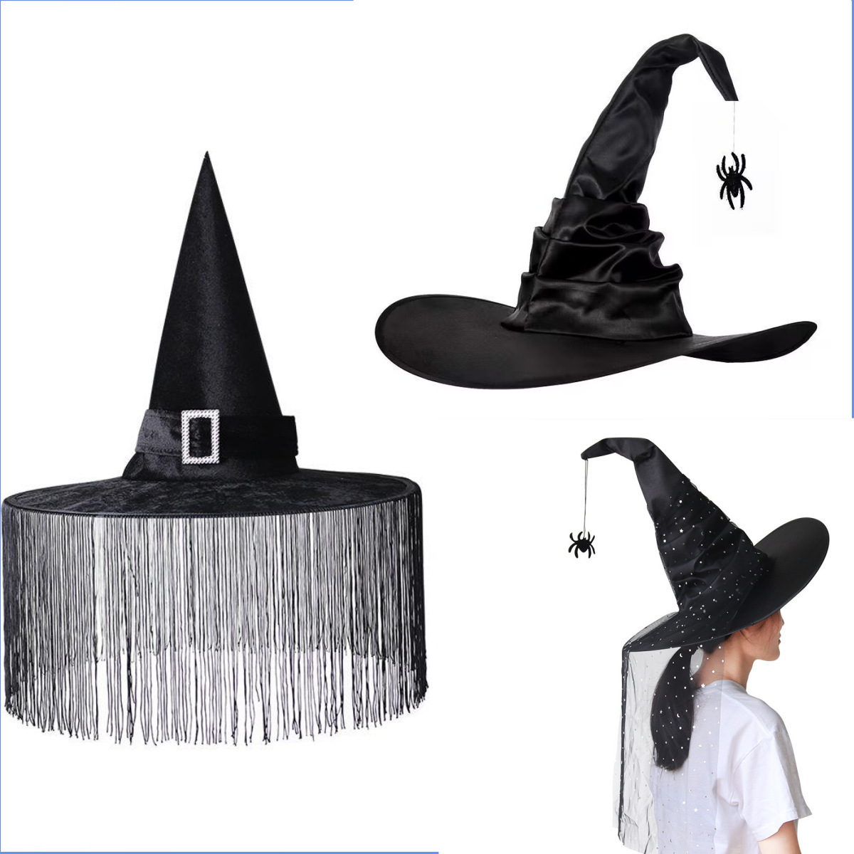 Cross-border Halloween plegado sombrero de bruja suministros de fiesta fiesta vestido negro araña bisela sombrero de bruja