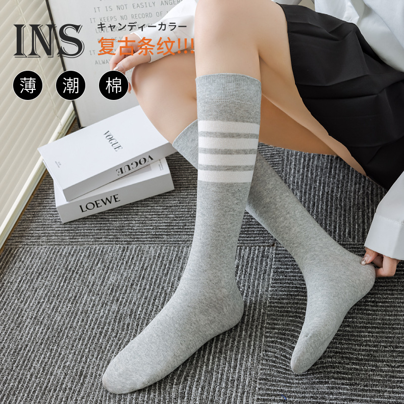 TB 圧力ふくらはぎソックス女性の黒、白、グレーのニーハイソックス綿 jk カレッジスタイル 4 バーストライプロングスポーツソックス|undefined