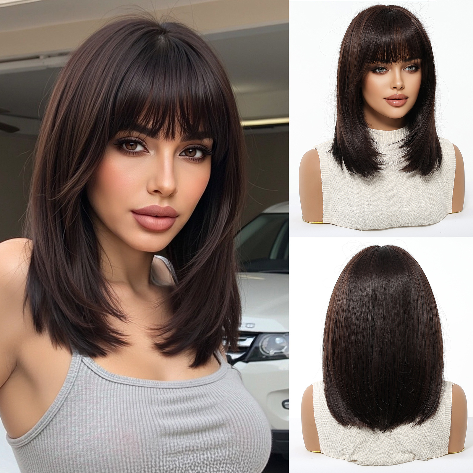 Peluca con casco completo, pelo liso corto, pelo de clavícula de alto nivel para mujer, verano nuevo estilo, color múltiple opcional, mate, seda de alta temperatura, wigs