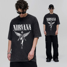 NIRVANA涅槃黑白天使摇滚乐队直喷vintage重磅纯棉短袖衫潮牌跨境