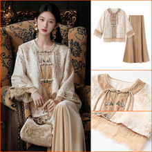 2025新中式国风蕾丝袖子女宽松盘扣上衣气质轻奢半裙套装女 MX103