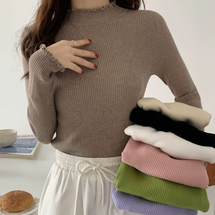 2025 Осень/Зима Женский облегающий свитер с полугольфом и рюшами, однотонная трикотажная базовая рубашка в корейском стиле с длинными рукавами.