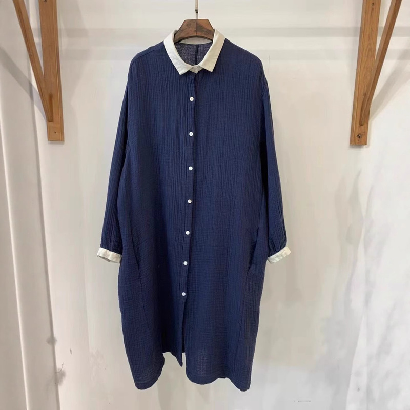 Textured Wrinkled Double-Layer Cotton Color-Blocked Collar Long-Sleeved Dress Japanese Style Literary Retro Loose Long Outwear
