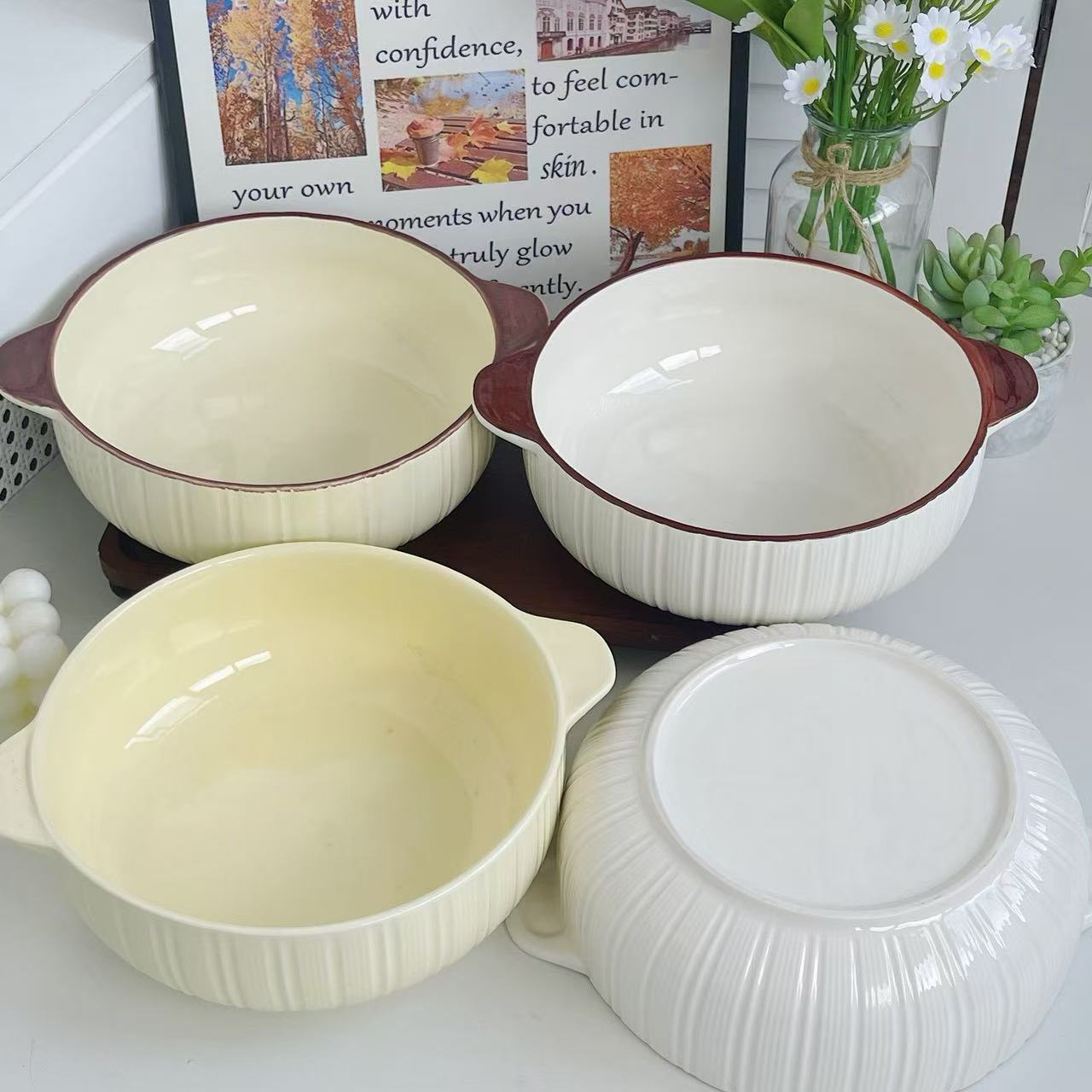 双耳陶瓷大容量汤碗简约家用汤盆加厚釉下彩防烫酸菜鱼碗水煮肉片