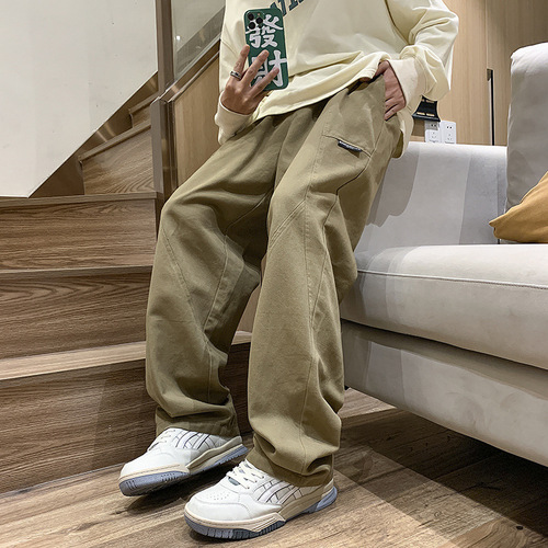 Khaki color patchwork straight-leg pants, American street-style men's design sense, niche oversized wide-leg work pants, Instagram trendy
