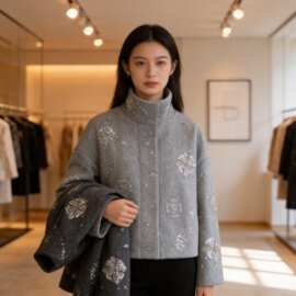 跨境批发爆款秋冬时尚个性立领拉链式花亮片夹克外套仿呢子外套女