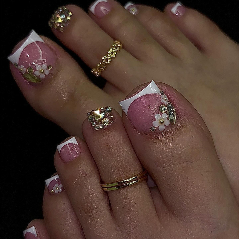 Summer new champagne full of diamond toenails sweet small white ice transparent white edge manicure gold diamond manicure