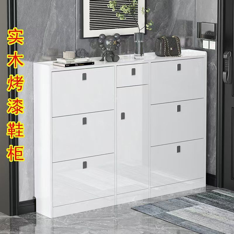 New Solid Wood Painted Glossy Shoe Cabinet Tipping Bucket Small Apartment Entrance Door Shoe Cabinet Home Entrance Large Capacity Foyer Cabinet