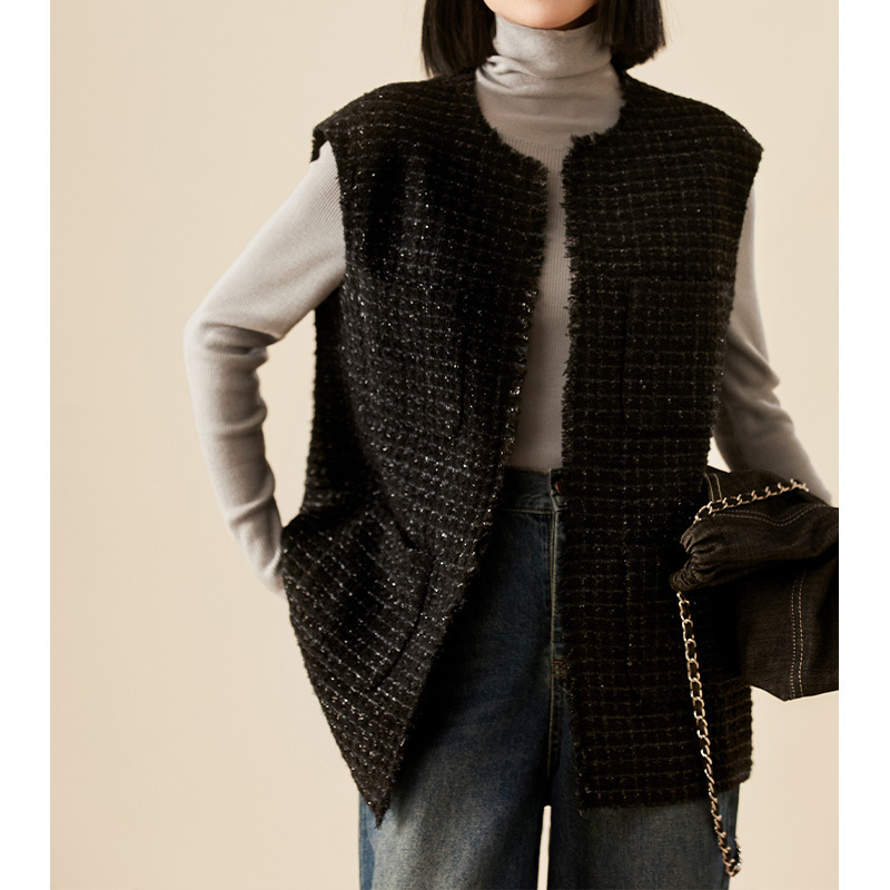 Micro-Glitter Wool Tweed Chanel-Style Vest 2026 Spring New Women's Fashion Outerwear Short Black Vest