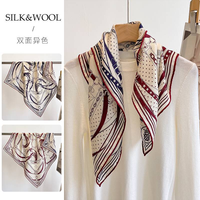 2025春秋冬新型高級シルクウールマフラー女性ファッション気質プリントストール両面シルクスカーフ