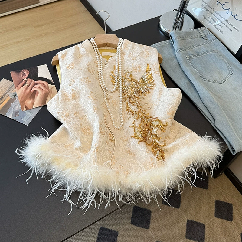 Three dimensional nail sequins, quilted vest, Chinese style, round collar, increased thickness