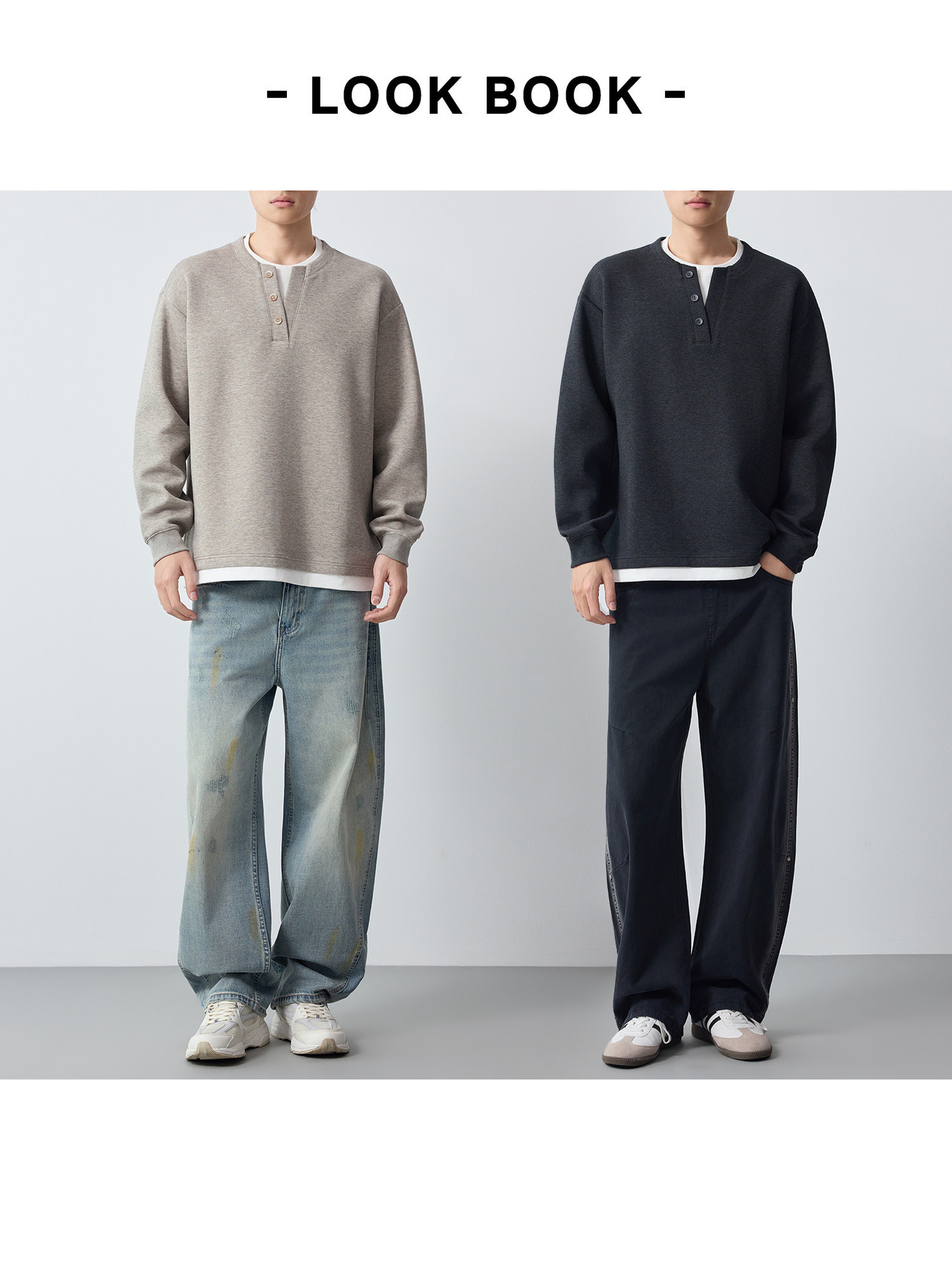 Áo hoodie nam nỉ hai lớp giả phối cổ tròn tay dài — Xám hoa sâu