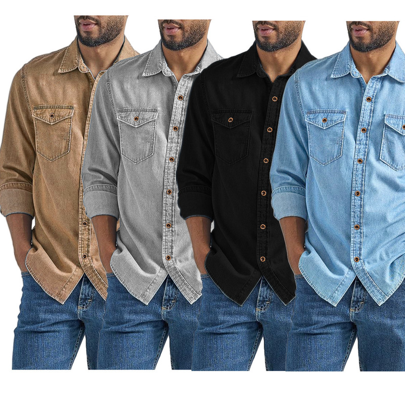 In-Stock Faux Denim Men's Shirts, Amazon Bestsellers, Men's Spring and Autumn Cardigans, Wish European Version, Plus Size, Quick Sale